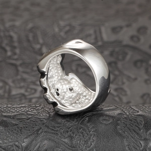 Macro shot of silver punk skull ring with embossed texture and polished metal finish