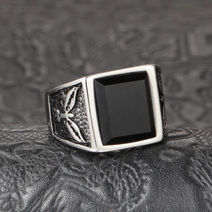 Vintage stainless steel ring for men with black onyx gemstone and eagle wing relief