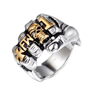 Men's punk skull ring in silver and gold tone stainless steel with gothic design accents
