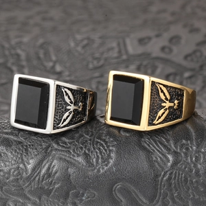 Men's vintage stainless steel eagle ring with black onyx stone in gold and silver