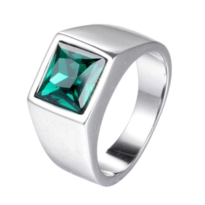 Men's stainless steel ring with square emerald cut green gemstone on white background