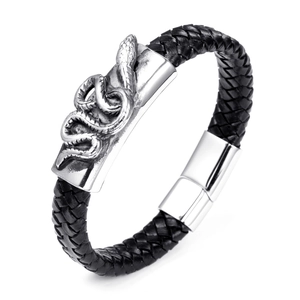 Bracelet en Cuir Tressé Charme de Serpent Punk Vintage Fermoir Magnétique en Acier Inoxydable Bracelet de Motard pour Hommes Femmes