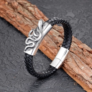 Bracelet tressé en cuir noir avec motif serpent et fermoir magnétique en acier inoxydable