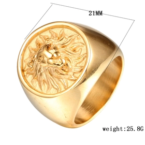Detailed macro view of gold lion head signet ring showing 21mm face and 25.8g weight