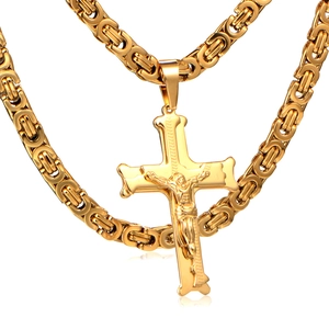 Gold Men's Stainless Steel Crucifix Pendant Necklace with Byzantine King Chain
