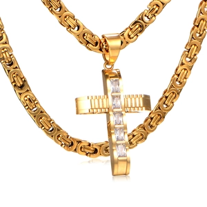 Men's gold titanium steel Byzantine necklace with a zircon-inlaid cross pendant