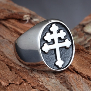 Vintage stainless steel signet ring with silver patriarchal cross on black textured base