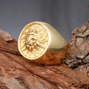 Men's vintage golden lion head signet ring in titanium steel with detailed engraving