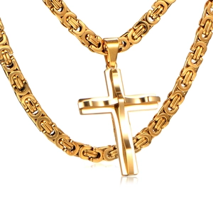 Men's gold-plated stainless steel cross pendant necklace with a thick Byzantine chain