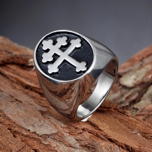 Vintage men's titanium steel ring with silver double cross on black enamel background