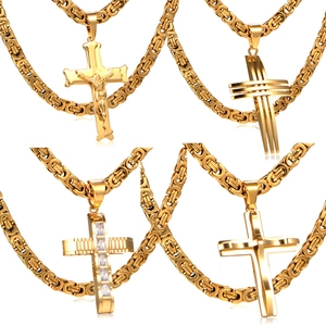 Men's Gold Plated Stainless Steel Cross Pendant Necklace With Heavy Byzantine King Chain Religious Crucifix Jewelry
