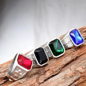 Vintage titanium steel cross ring for men with large rectangular red black green blue gemstones