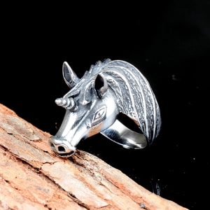Vintage oxidized stainless steel unicorn animal ring in punk style for men and women