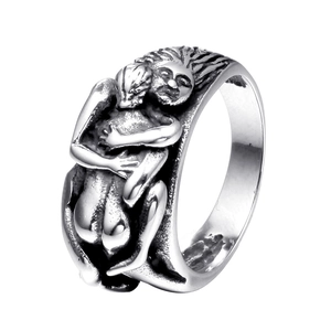 Bague Artistique en Relief de Portrait en Acier Inoxydable Vintage pour Hommes Femmes Rétro Couleur Argent Anneau Large Bijoux Gravés