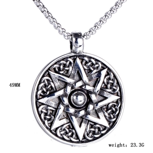Close-up of a 49mm stainless steel heptagram pendant with Celtic knotwork weighing 23.3g