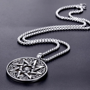 Vintage stainless steel heptagram pendant necklace with celtic knot on black box chain