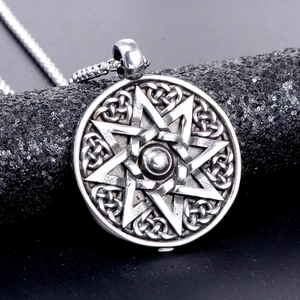 Retro stainless steel heptagram pendant necklace with celtic knot design on box chain