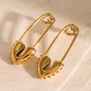 Fashion Stainless Steel 18K Gold Plated Heart Safety Pin Stud Earrings For Women Punk Style Unique Trendy Jewelry Gift