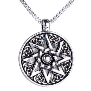 Vintage Stainless Steel Round Pendant For Men Celtic Knot Heptagram Star Carved Medallion Antique Silver Religious Jewelry Gift