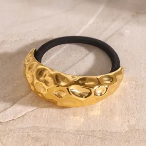 Stainless Steel 18K Gold Plated Hammered Texture C-Shaped Hair Tie Elastic High Ponytail Hair Rope For Women Fashion Jewelry