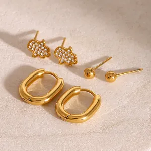 Edelstahl 3 Paar Ohrringe Set Hamsa Hand Strass Stecker Gold Kugel Geometrische Creolen Für Damen Schmuck