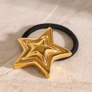 Edelstahl Stern Anhänger Haargummi Gold Spiegelglanz Pentagramm Elastisches Haarband Hochwertige Minimalistische Haarschmuck