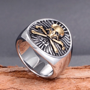 Men's punk pirate skull ring in silver titanium steel with gold 322 emblem