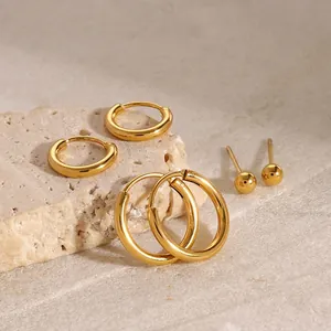 3 Pairs Stainless Steel Gold Hoop Earrings Set Minimalist Round Ball Stud Earrings For Women Fashion Jewelry Accessory