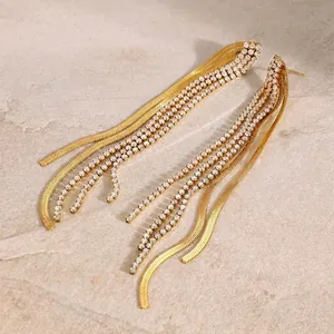 Luxury Stainless Steel Long Tassel Dangle Earrings Gold Plated Snake Chain Zirconia Inlaid Drop Earrings For Women Party