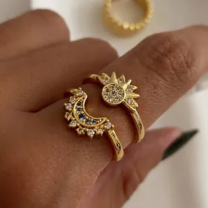 Bohemian Stainless Steel Sun Moon Open Ring For Women Gold Plated Rhinestone Celestial Adjustable Fashion Jewelry Finger Ring Gift