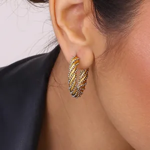 Boucles d'Oreilles Anneaux en Forme de C en Acier Inoxydable Bicolore Or Argent Corde Torsadée pour Femmes Bijoux Minimalistes Vintage