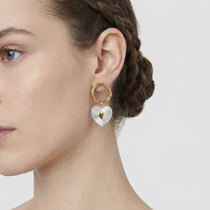 Luxury Stainless Steel Two Tone Heart Dangle Hoop Earrings Radiating Texture Geometric Gold Silver Earrings For Women Jewelry