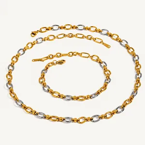 Ensemble collier et bracelet de luxe en acier titane plaqué or 18 carats bicolore