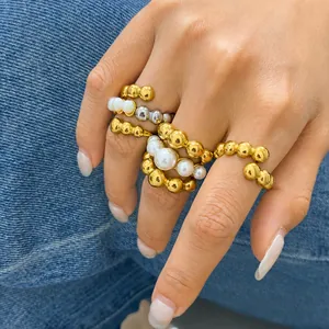 Stainless Steel Artificial Pearl Ring For Women Gold Silver Geometric Bead Ring Waterproof Hypoallergenic Luxury Fashion Finger Ring Jewelry