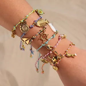Bohemian Ocean Theme Woven Bracelet For Women Stainless Steel Metal Pendants Cotton Rope Adjustable Artificial Pearl Jewelry