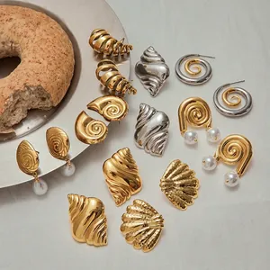 Stainless Steel Spiral Shell Stud Earrings Women Waterproof Hypoallergenic Gold Silver Artificial Pearl Earrings Vintage Jewelry