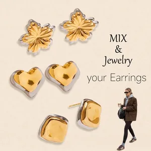 Two Tone Stainless Steel Flower Heart Square Geometric Stud Earrings For Women Waterproof Hypoallergenic Fashion Jewelry