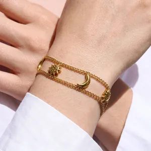 Double Layer Stainless Steel Gold Bracelet Sun Moon Celestial Pendants Lightweight Luxury Bohemian Style Jewelry For Women