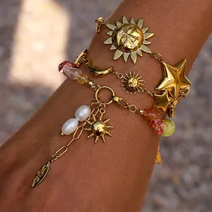 Bohemian Stainless Steel Gold Plated Bracelet For Women Celestial Sun Moon Star Charms Natural Stone Beaded Jewelry