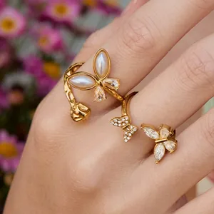Luxury Butterfly Stainless Steel Open Ring For Women Gold Plated With Cubic Zirconia Synthetic Artificial Pearl Adjustable Jewelry