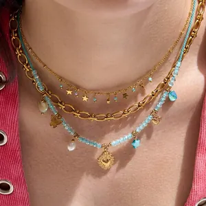 Collana Multistrato in Acciaio Inossidabile Bohemian Donna Oro Stella Cuore Farfalla Ciondoli Perline Blu Gioielli