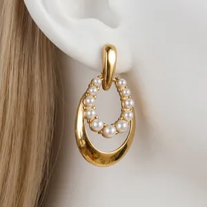 Luxury Stainless Steel Artificial Pearl Stud Earrings For Women Gold Plated Oval Geometric Drop Earrings Hypoallergenic Jewelry