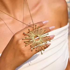 Stainless Steel Sunburst Pendant Necklace Gold Plated Geometric Sun Necklace For Women Exaggerated Fashion Jewelry Necklaces