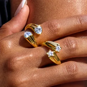 Anillo Abierto de Corazón y Estrella de Acero Inoxidable para Mujer Chapado en Oro Strass Ajustable Anillo Toi Et Moi Joyería