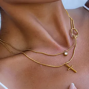 Stainless Steel Double Layer Cross Pendant Necklace For Women Golden Snake Chain With Rhinestone Light Luxury Jewelry