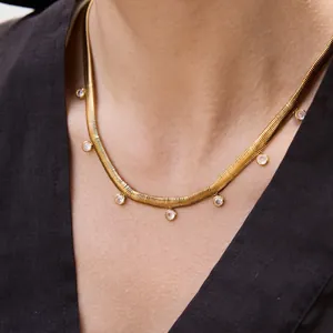 18K Vergoldete Edelstahl Flache Schlangenknochen Kette Halskette Für Damen Minimalistisch Zirkonia Anhänger Choker Schmuck