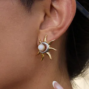 Stainless Steel Sun Moon Stud Earrings Gold Silver Color Block Artificial Pearl Inlaid Bohemian Jewelry For Women