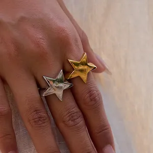 Luxury Stainless Steel Star Ring For Women Blessing Engraved Gold Silver Geometric Minimalist Finger Jewelry Decor