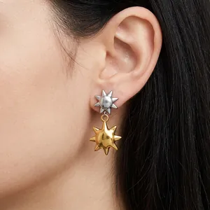 Stainless Steel Sun Starburst Dangle Earrings For Women Two Tone Gold Silver Plated Celestial Hypoallergenic Fashion Jewelry