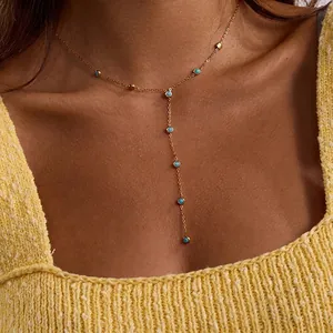 Bohemian Vergulde Roestvrijstalen Y Halsketting Voor Dames Met Blauwe Turkoois Kralen Mode Sierlijke Lange Ketting Sieraden